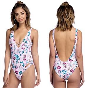 THE BIKINI LAB Swimsuit Size Large Reversible One Piece Floral Solid Beach NWT